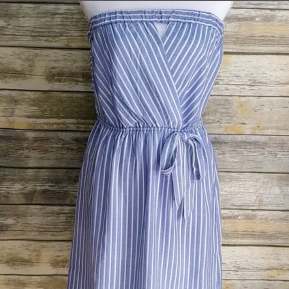 monteau blue and white striped strapless dress